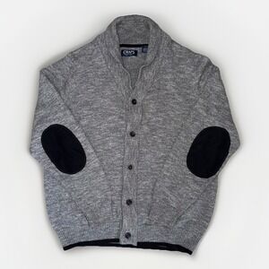 Chaps Grandpa Cardigan Sweater L Gray Shawl Collar Elbow Patches Cotton Preppy